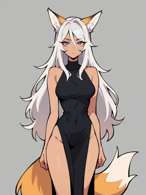 1 girl, standing alone, long hair, russet hair, grey-eyed, fox ears, black tee, breasts big,