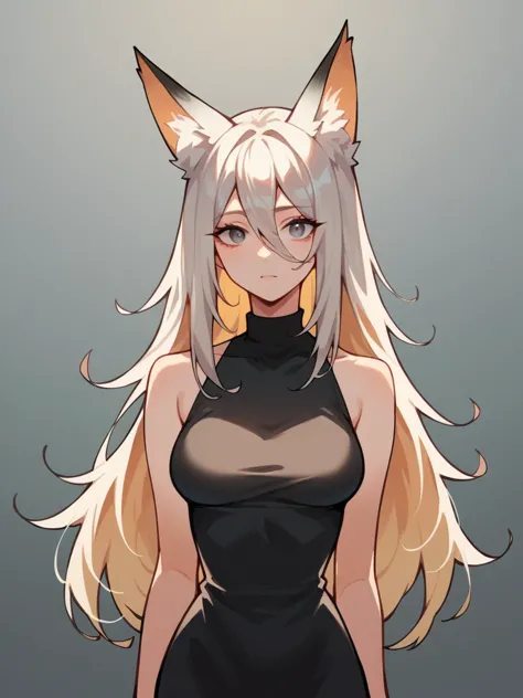 1 girl, standing alone, long hair, russet hair, grey-eyed, fox ears, black tee, breasts big,