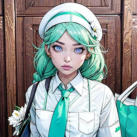 1 girl, (bags under the eyes:1.5), mint green hair, twin_braid, white beret, white  shirt, flower tie