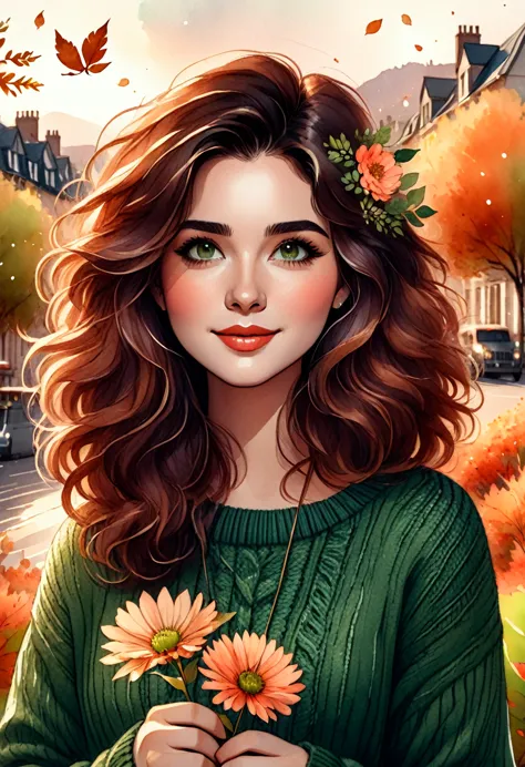 watercolor drawing of a woman holding a flower, with wavy hair and wearing a green sweater.   her face has an adorable floral mo...