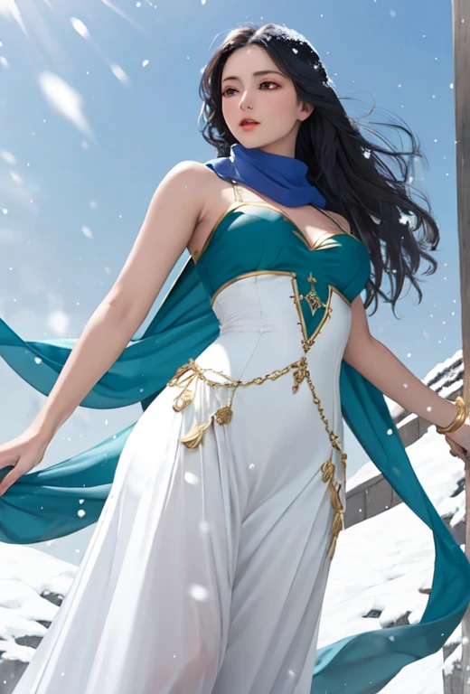 masterpiece, best quality, realistic, (1 girl: 1.3), Blue gold white clothes, Shawl long hair, jump, Dance, green gold white clothes, long scarf, flowing, Snow White Skin, bare shoulders, whole body, (from below:1.5), particle