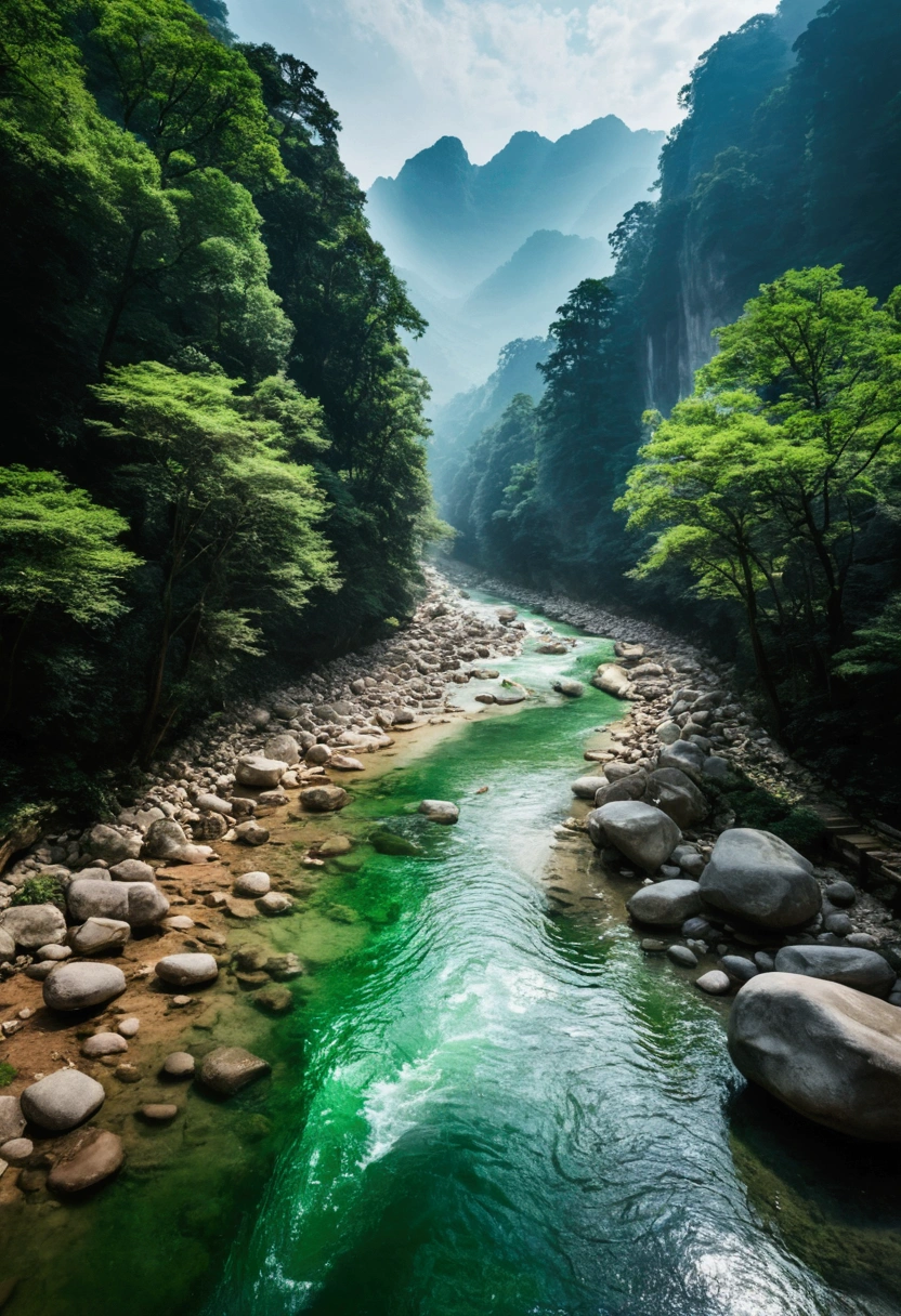 Taking photos in the creek，The stream is flowing，The stream is clear，There is a mountain at one end of the stream，Stone Mountain in Zhangjiajie,Clouds and mist，Unified emerald green tone，Cinematic color grading