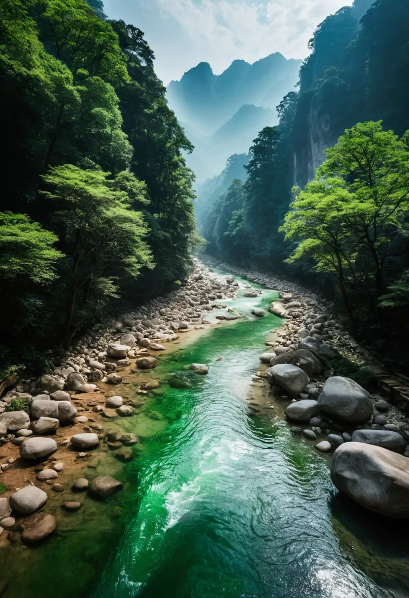 taking photos in the creek，the stream is flowing，the stream is clear，there is a mountain at one end of the stream，stone mountain...