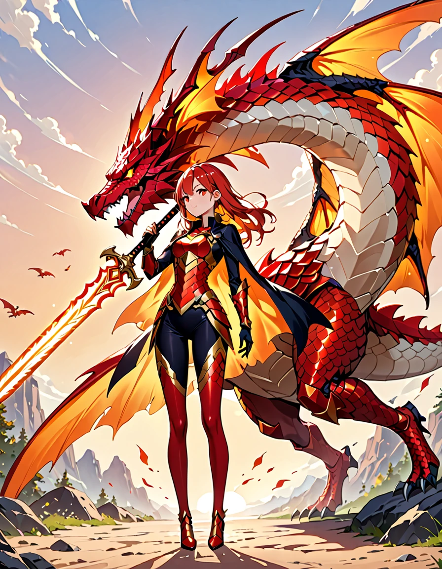 (((masterpiece, best quality, high detailed, 16k))) (1girl) A fierce dragon rider with wild, fiery orange hair and blazing red eyes. She wears a suit of dragon-scale armor that shimmers in shades of red and gold, and a large sword is strapped to her back. She stands confidently beside her dragon, her hand resting on its massive neck. ((full body view))
