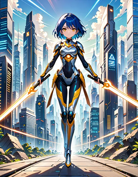 (((masterpiece, best quality, 16k))) female character with short blue hair and glowing yellow eyes. she wears a futuristic armor...