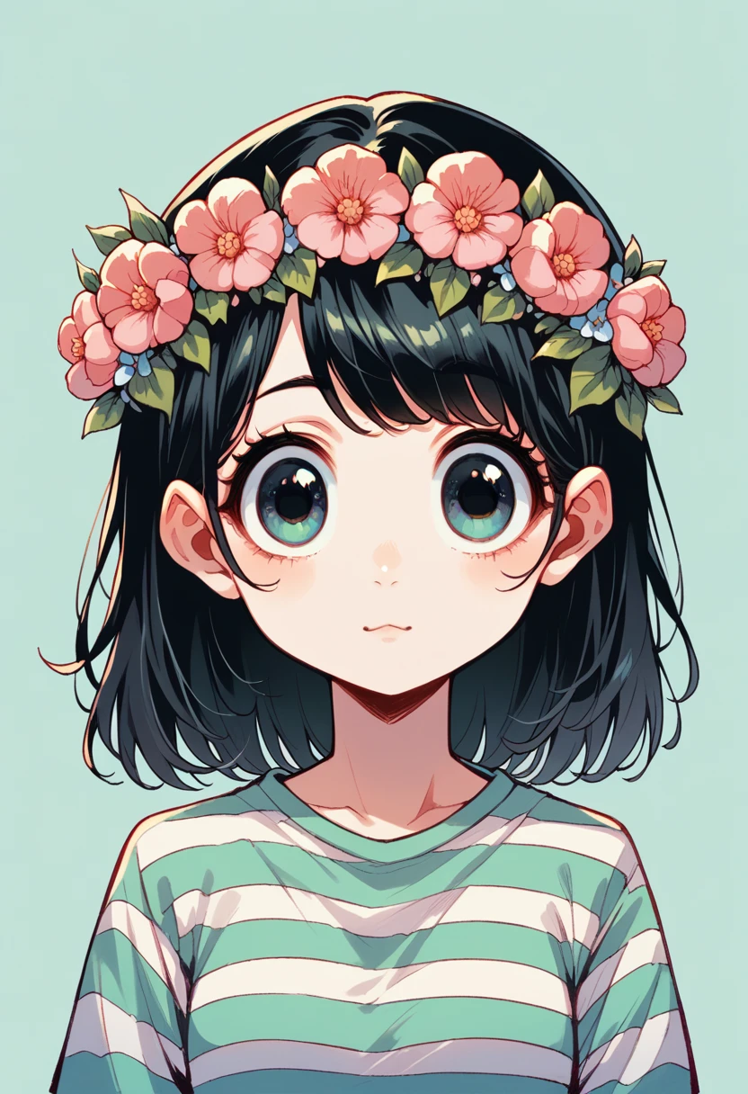 girl, cartoon, illustration, portrait, black hair, flower crown, striped shirt, big eyes, cute