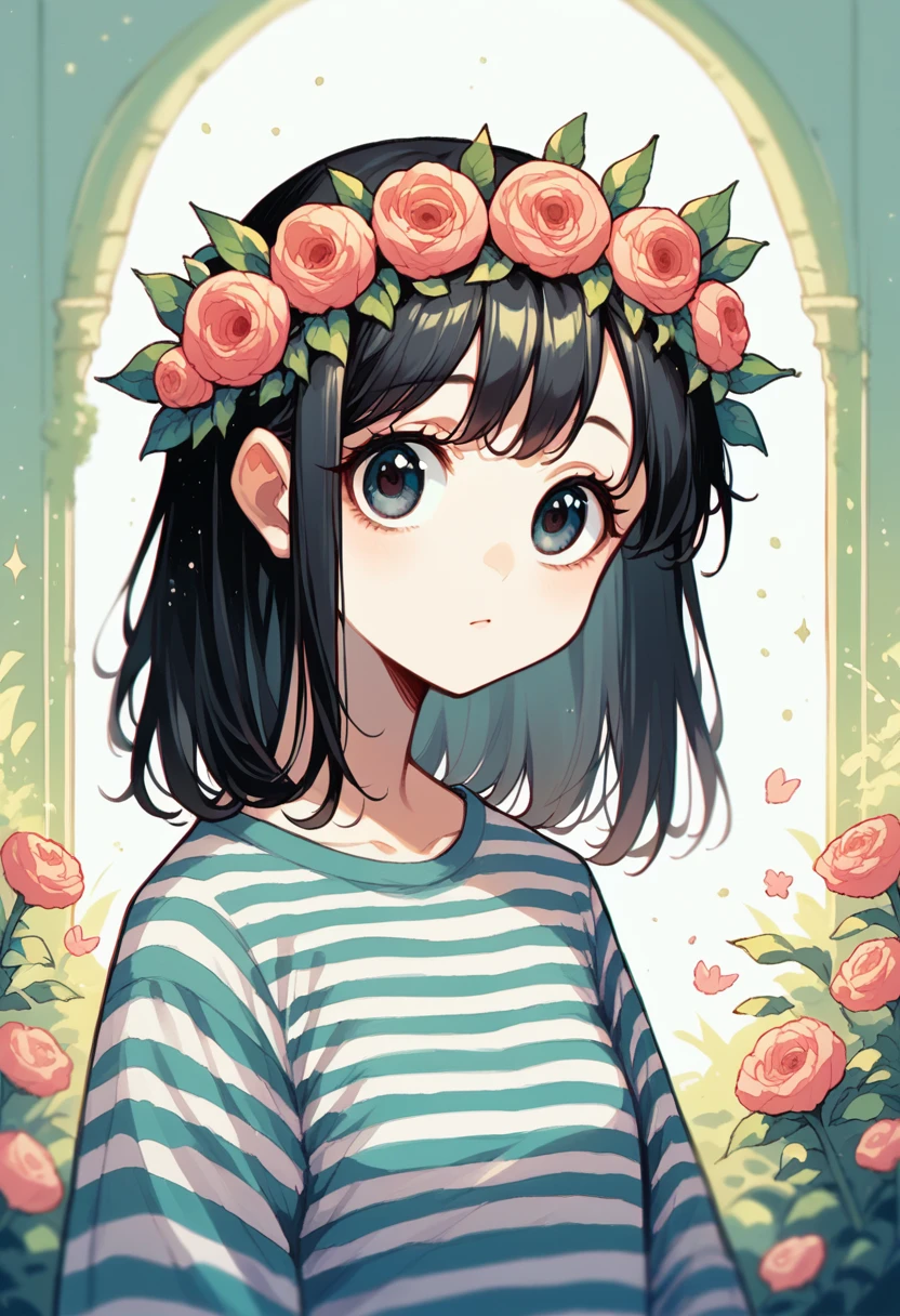 girl, cartoon, illustration, portrait, black hair, flower crown, striped shirt, big eyes, cute