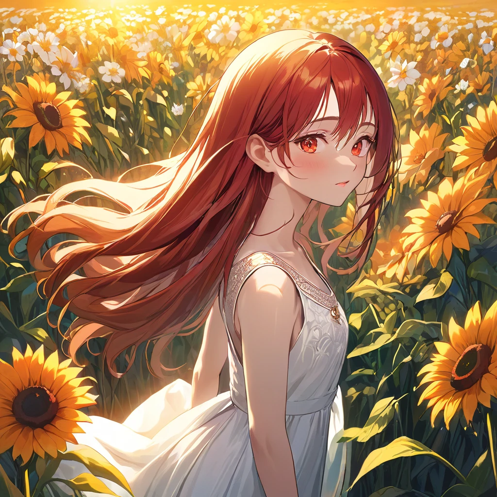 (masterpiece,best quality:1.4), high resolution,super fine illustration, detailed skin, detailed face, detailed eyes,Standing in a flower field、Arabian woman with long red hair and white dress, Backlit beautiful face, Backlit Portrait, infp young woman, Soft Portrait Shot 8k, medium Portrait Soft Light, Backlit face, radiant morning light, Beautiful young woman, Perfectly lit face, 50mm Portrait, Young woman&#39;s face, Portrait Soft Light