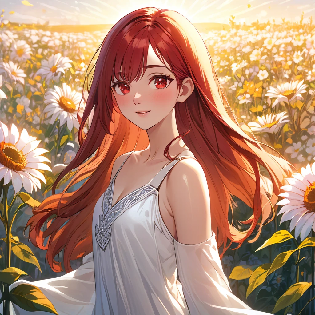 (masterpiece,best quality:1.4), high resolution,super fine illustration, detailed skin, detailed face, detailed eyes,Standing in a flower field、Arabian woman with long red hair and white dress, Backlit beautiful face, Backlit Portrait, infp young woman, Soft Portrait Shot 8k, medium Portrait Soft Light, Backlit face, radiant morning light, Beautiful young woman, Perfectly lit face, 50mm Portrait, Young woman&#39;s face, Portrait Soft Light