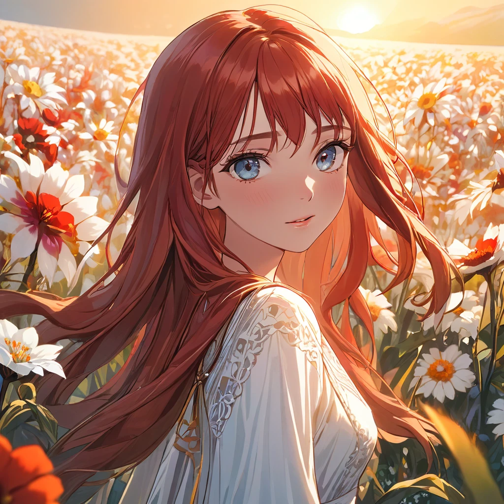 (masterpiece,best quality:1.4), high resolution,super fine illustration, detailed skin, detailed face, detailed eyes,Standing in a flower field、Arabian woman with long red hair and white dress, Backlit beautiful face, Backlit Portrait, infp young woman, Soft Portrait Shot 8k, medium Portrait Soft Light, Backlit face, radiant morning light, Beautiful young woman, Perfectly lit face, 50mm Portrait, Young woman&#39;s face, Portrait Soft Light