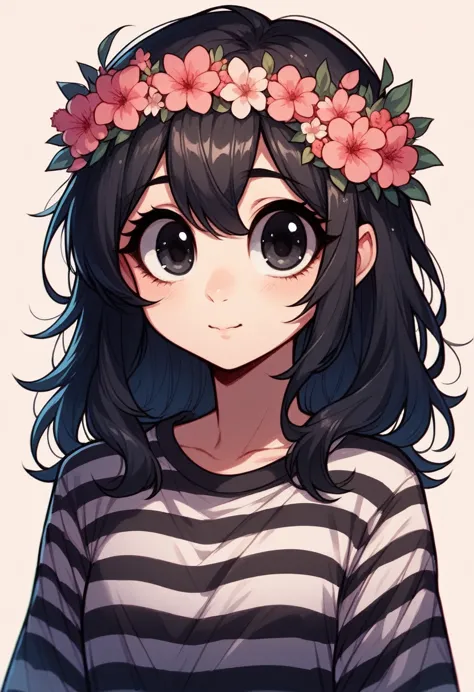 girl, cartoon, illustration, portrait, black hair, flower crown, striped shirt, big eyes, cute