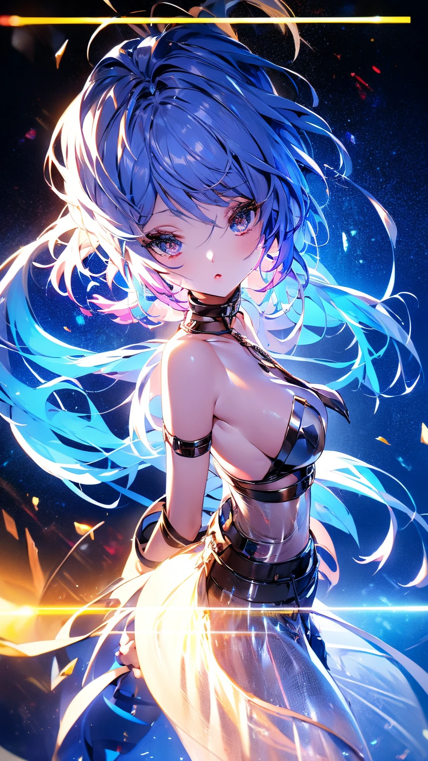 1 person, 20-year-old girl, One person, (Silver Hair), Long pointed ears、Elf、(Gradient sky blue hair tip:1.6), hair, Ridiculously long hair, Single Side Lock, Wavy Hair, Shine髪, Floating Hair, (Fantastic deep purple eyes), Delicate eyes, Aqua Eye, Very fine eye, Long upper eyelashes, ((Glowing Eyes)), compensate, Focus on the face, Highly detailed facial, Pretty face, Perfect breasts, Hot body, (Delicate skin texture:1.2), break, White extra long skirt, Fashion Clothing, necklace, Technical clothing masterpiece, on the road, Gazing at the starry sky, meteor, cyber punk, Detailed Background, The perfect layered cut, clean focus, (magazine:1.3), (Cover Style:1.3), Octane Rendering, Tyndall effect, Real, Dark studio, Side light, 2-color illumination, realism, Chiaroscuro, (Shine光), Shine, Ray Tracing, Cinema Lighting, Futurism, Motion Blur, Atmospheric perspective, Depth of written boundary, Bokeh, Highest quality, 超High resolution, Super Detail, masterpiece, High resolution, Accurate, retina, Anatomically correct
