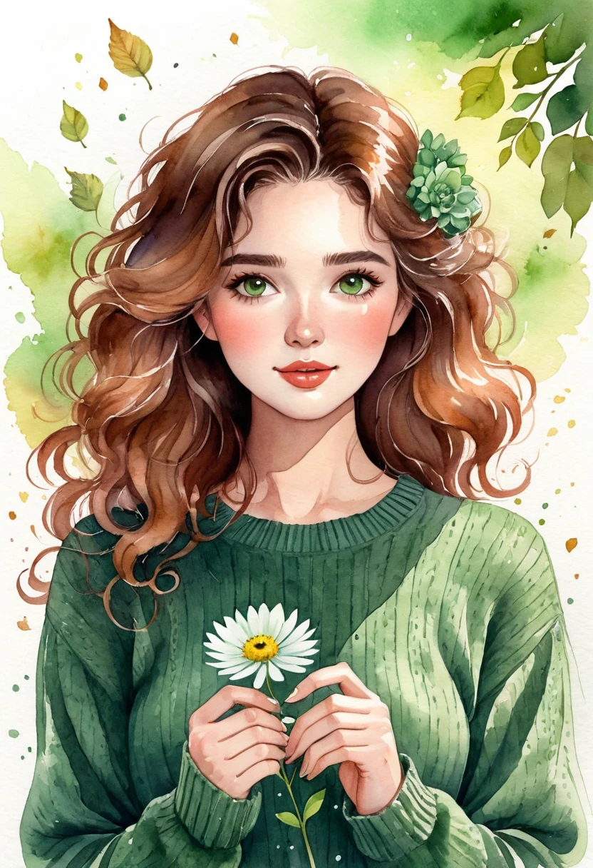 Watercolor drawing of a woman holding a flower, with wavy hair and wearing a green sweater.   Her face has an adorable floral motif, in a cute cartoon style.   The atmosphere is peaceful, with exteriors like falling leaves.   Ultra-realistic digital art with touches of fantasy, highlighting charm and beauty.