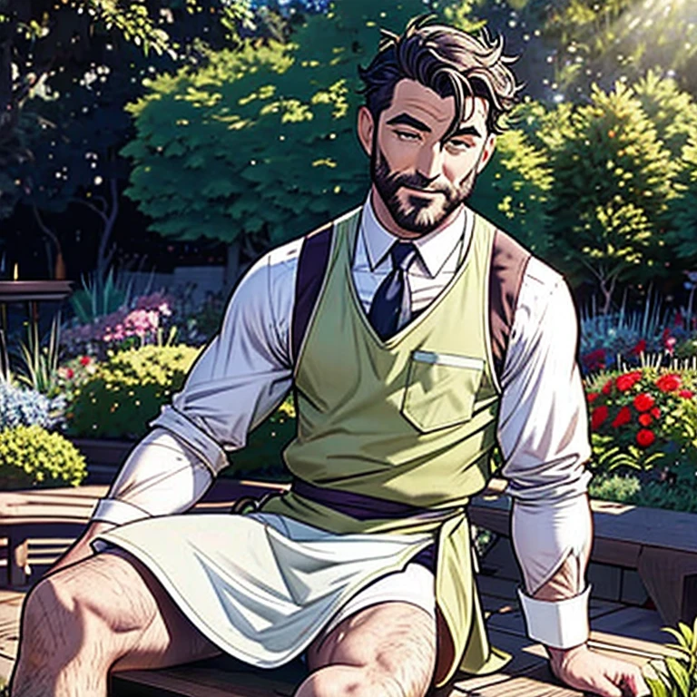 a man sitting in a garden, vest with apron, highy detailed, Zwxthejx , 1900s, animated cartoon, beautiful lighting, sunlit