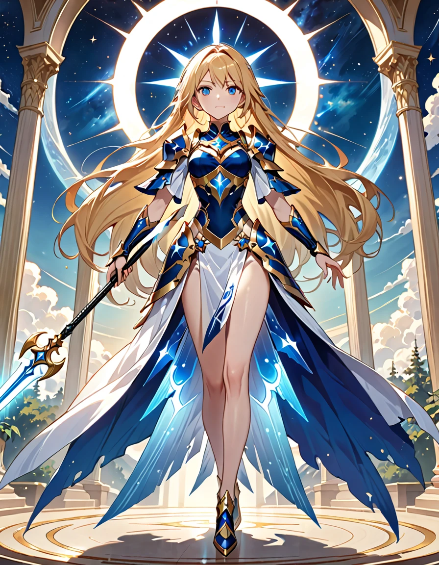 (((Masterpiece, best quality, 16k))) female character with long blonde hair and bright blue eyes. She wears a celestial armor in white, gold, and blue. wields a divine spear. The character has a determined expression, with a heavenly realm as the background. ((full body front view)). ((slender)), (extremely detailed:1.5), (long blonde hair:1.2), (bright blue eyes:1.2), (heavenly realm:1.1), (celestial armor:1.3), (divine spear:1.3).
