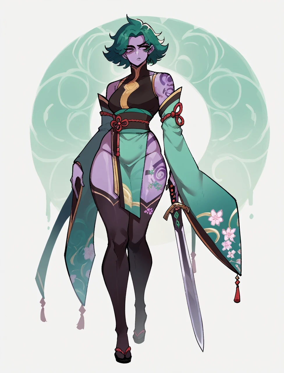 score_9, score_8_up, 1girl, goddess, full body kimono cursed clothing, arm sleeves, thick body, sword in hands, looking away, thick ass, purple skin, teal green hair, tattoo on back, tattoo on neck, looking at viewer, black stockings
