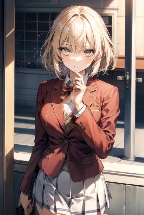 messy hair, short blonde hair, (yellow eyes:1.3),
break bow, school uniform, jacket, bowtie, blue bowtie, blazer, (red blazer:1....