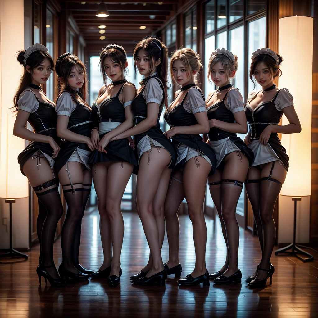 (Full Body of Extremely Detailed((Sexy Maid Group in a row:1.37))), KAWAII perfect face, Reflective Eyes, Detailed(Delicate Clothing textures), Correct Leg Line, Dynamic Joyful Expressions LifeLike Rendering, Specular Reflection, TopQuality 8K Ultra-detailed masterpiece (ProfessionalPhoto:1.37), (Acutance:0.8), (Luminism:1.28), (Renaissance art style), Colorful Light particles, ((Full body from side)), {MicroMini Skirt|Kissing|Breast Lifting|Undressing|Thigh Gap|AssFocus}, Radiant Fine Skin with Transparency, (Exposed:0.5), (Different types of Anime hair color){Pink Hair|Cyan Hair|White Hair}, Perfect Lighting 