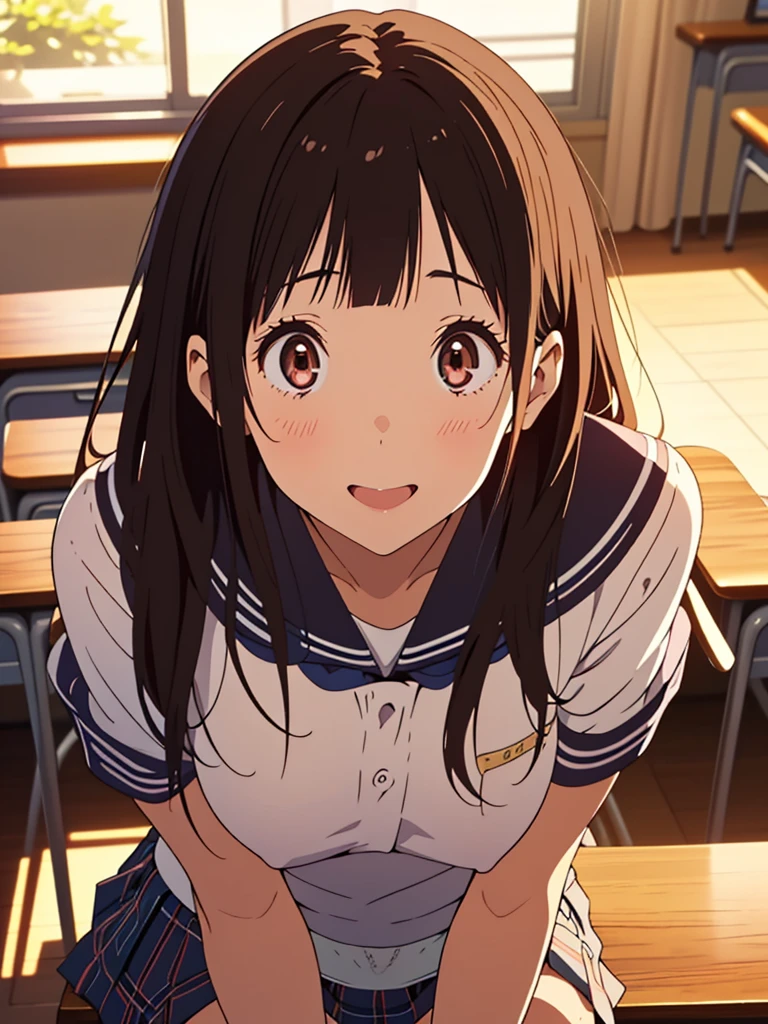 Chitanda Eru,(raw photo,best quality, insanely detailed, masterpiece, perfect face, insanely detailed perfect fingers, beautiful and aesthetic:1.2, highest detailed face),(((Scale to fit the dimensions, character focus,looking at viewer))), BREAK (((1 girl is pulling down her white panties))),{ 18_y.o. Caucasian school girl, adorable, cute, enjoying, mischievous smile:1.3,gal,gyaru:1.2},((( pantypull))),( school uniform),( plaid mini skirt:1.3),BREAK super detailed beautiful white skin, huge Perky breasts:0.9, toned slender body, small hips,thin legs,messy blonde hair, dark brown Eyes,double eyelid,BREAK cinematic dim lighting, depth of field, beautiful scene of classroom, desk, chair, blackboard behind,( official art, extreme detailed, highest detailed)