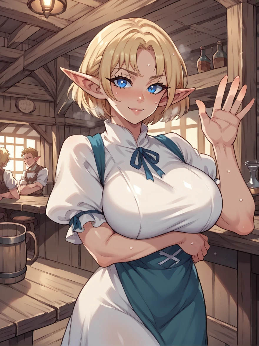 score_9, score_8_up, score_7_up, source_anime, shiny skin, sweat, BREAK ,detailed_background,indoors, 1girl, waving, looking at viewer, short hair, blonde hair, blue eyes, elf ears, large breasts, dress, arm under breasts, tavern