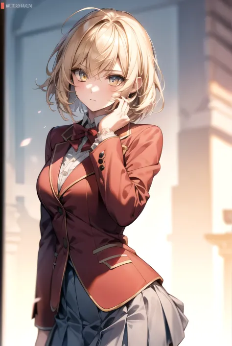 messy hair, short blonde hair, (yellow eyes:1.3),
break bow, school uniform, jacket, bowtie, blue bowtie, blazer, (red blazer:1....