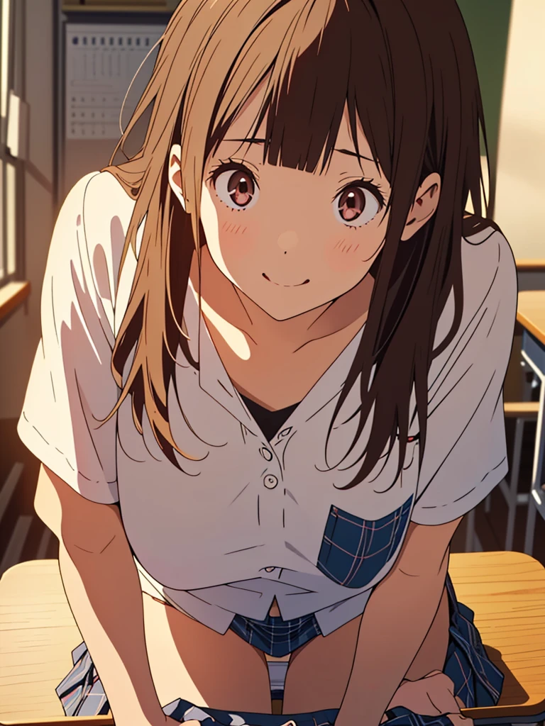 Chitanda Eru,(raw photo,best quality, insanely detailed, masterpiece, perfect face, insanely detailed perfect fingers, beautiful and aesthetic:1.2, highest detailed face),(((Scale to fit the dimensions, character focus,looking at viewer))), BREAK (((1 girl is pulling down her white panties))),{ 18_y.o. Caucasian school girl, adorable, cute, enjoying, mischievous smile:1.3,gal,gyaru:1.2},((( pantypull))),( school uniform),( plaid mini skirt:1.3),BREAK super detailed beautiful white skin, huge Perky breasts:0.9, toned slender body, small hips,thin legs,messy blonde hair, dark brown Eyes,double eyelid,BREAK cinematic dim lighting, depth of field, beautiful scene of classroom, desk, chair, blackboard behind,( official art, extreme detailed, highest detailed)