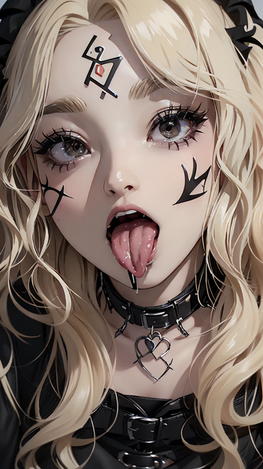 masterpiece, Highest quality, (Face close-up, Sticking out a long tongue, Ahegao:1.5), beautiful girl, happiness, smile, Beautiful and detailed, Narrow eyes, Dark Eyes, amount, Thin eyebrows, Eyelash extensions, (blonde, Wavy bristles, Long Hair:1.3), Gal Makeup, (Goth punk rock outfit:1.3), (Small band house:1.3)