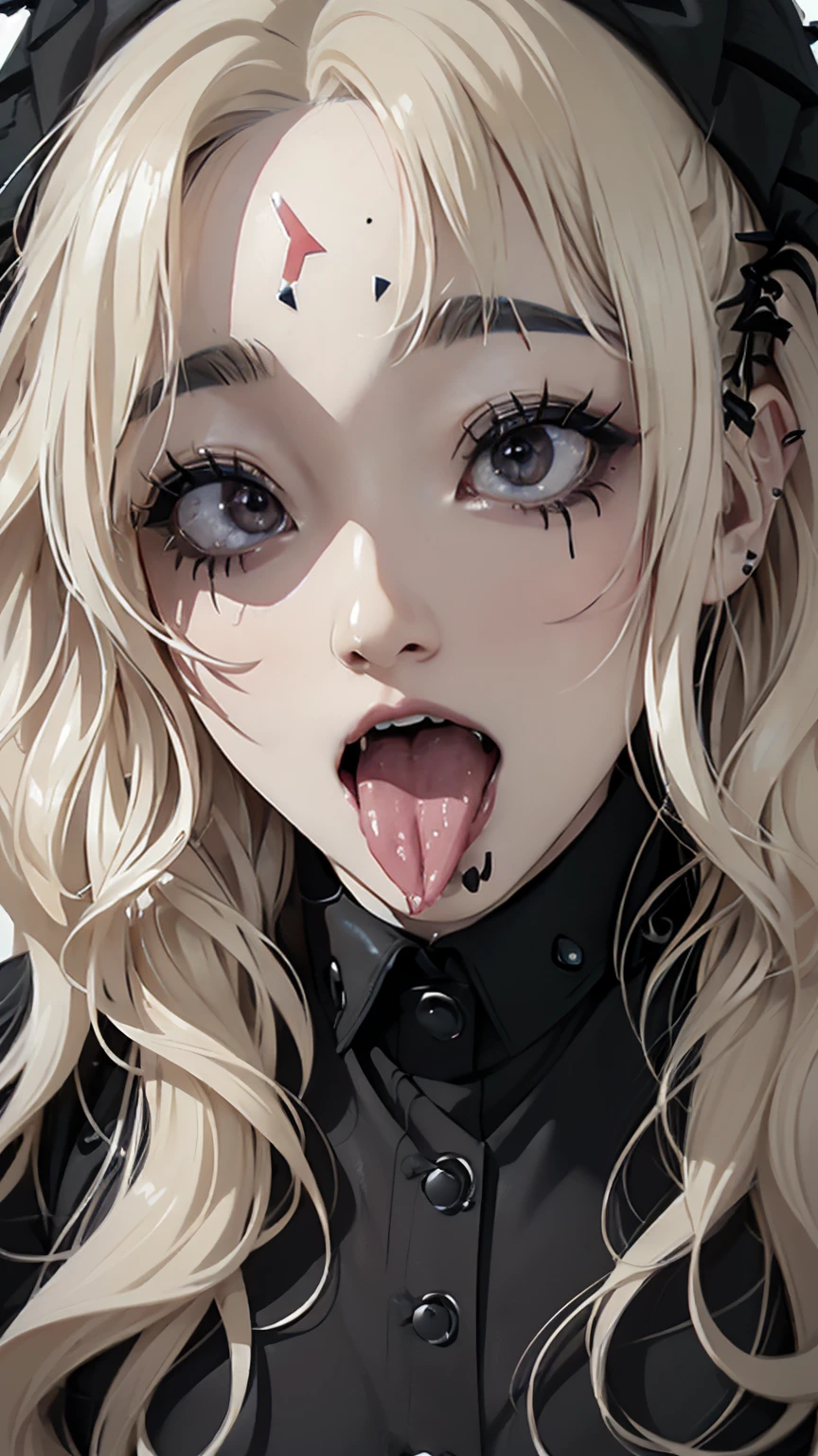 masterpiece, Highest quality, (Face close-up, Sticking out a long tongue, Ahegao:1.5), beautiful girl, happiness, smile, Beautiful and detailed, Narrow eyes, Dark Eyes, amount, Thin eyebrows, Eyelash extensions, (blonde, Wavy bristles, Long Hair:1.3), Gal Makeup, (Goth punk rock outfit:1.3), (Small band house:1.3)