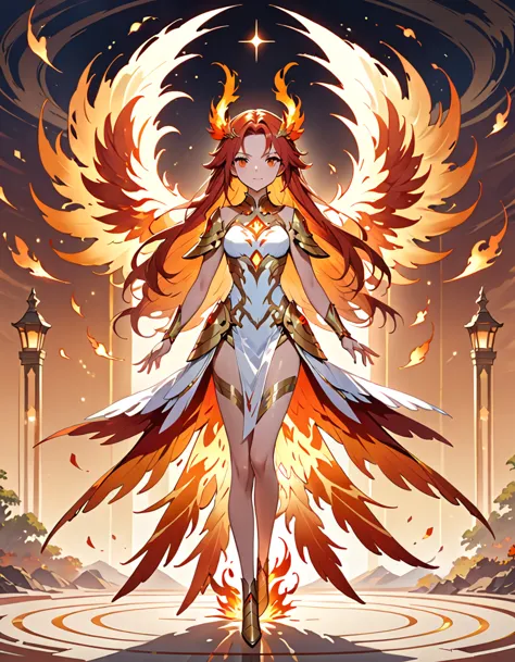 (((masterpiece, best quality, high detailed, 16k))) (1girl) a radiant young girl imbued with the powers of the phoenix, her eyes...