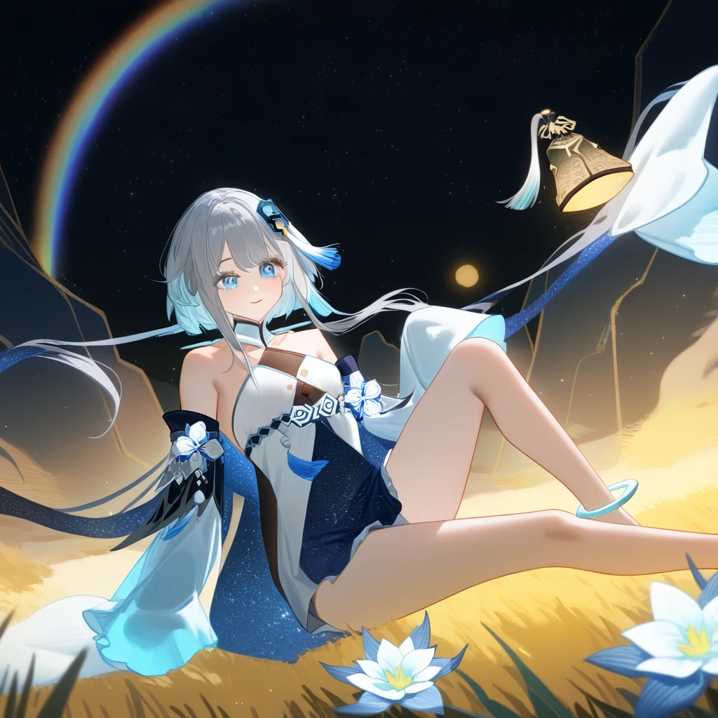 (best quality,4k,8k,highres,masterpiece:1.2),1girl, guizhong_\(genshin_impact\),light grey hair,short_hair_with_long_locks,starry_sky_print,detached_sleeves, long sleeves_past_fingers,hanfu,illustrated by matsuryuu and agahari and dsmile,pale blue eyes,stunning field of softly glowing blue and white glaze lilies,night scene,gentle smile,moonlight,glossy lips,vivid anime coloring,cel shading,smooth, soft dreamy focus,anklet,halter_top,white clothes,highly detailed,digital painting,field of flowers,bare_shoulders,wlop,barefoot,cool night tones, magical night scene,masterpiece, best quality, film, professional, 4k, highly detailed,Guardian nebula of rainbow light and silvery vapor,guizhong, guizhong's def clothes, 1girl, long hair, blue eyes, barefoot, guizhong's dress, hair ornament, chinese clothes, sleeves past fingers,