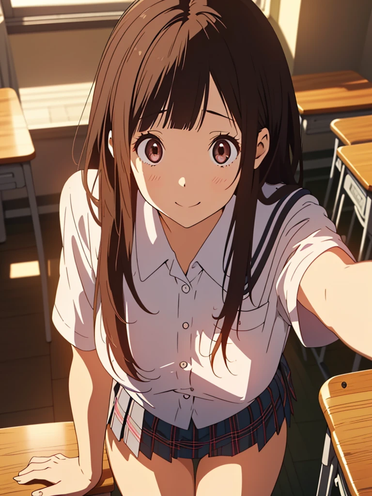 Chitanda Eru,(raw photo,best quality, insanely detailed, masterpiece, perfect face, insanely detailed perfect fingers, beautiful and aesthetic:1.2, highest detailed face),(((Scale to fit the dimensions, character focus,looking at viewer))), BREAK (((1 girl is pulling down her white panties))),{ 18_y.o. Caucasian school girl, adorable, cute, enjoying, mischievous smile:1.3,gal,gyaru:1.2},((( pantypull))),( school uniform),( plaid mini skirt:1.3),BREAK super detailed beautiful white skin, huge Perky breasts:0.9, toned slender body, small hips,thin legs,messy blonde hair, dark brown Eyes,double eyelid,BREAK cinematic dim lighting, depth of field, beautiful scene of classroom, desk, chair, blackboard behind,( official art, extreme detailed, highest detailed)