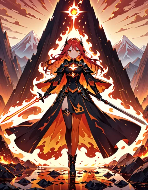 ((full body shot)) of a girl in regal, fire-themed armor with intricate gold and red details, standing in a blazing, volcanic la...