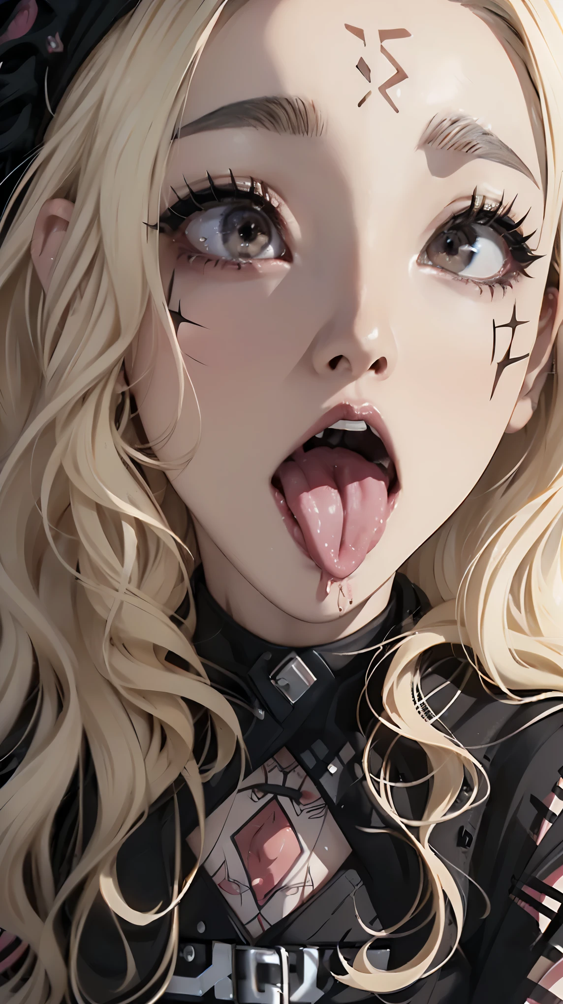 masterpiece, Highest quality, (Face close-up, Sticking out a long tongue, Ahegao:1.5), beautiful girl, happiness, smile, Beautiful and detailed, Narrow eyes, Dark Eyes, amount, Thin eyebrows, Eyelash extensions, (blonde, Wavy bristles, Long Hair:1.3), Gal Makeup, (Punk rock outfit:1.3), (Small band house:1.3)