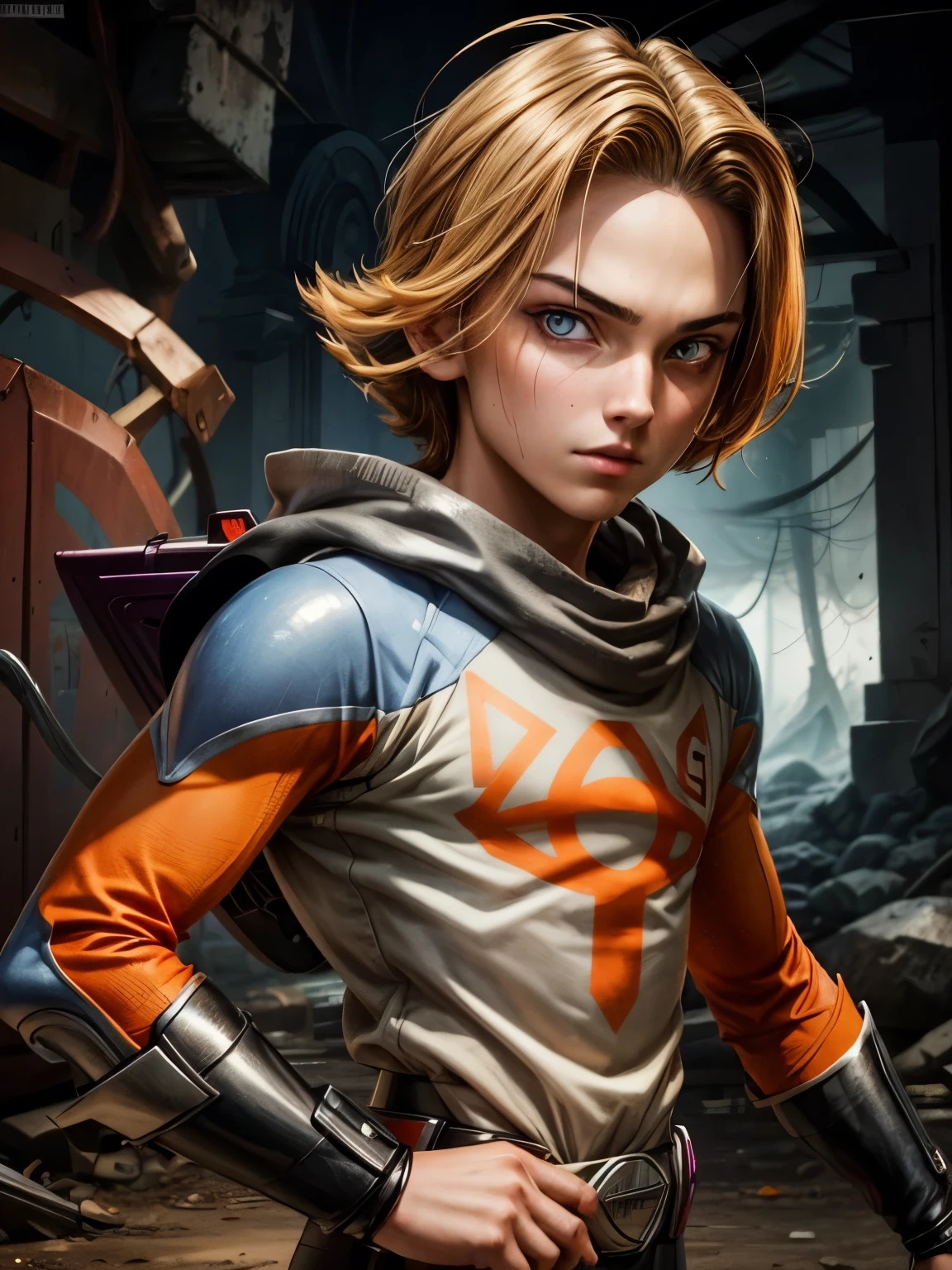 Gender: male
Eye color: orange
Physical appearance: handsome,13 years old teenage boy,has a tube oxygen, 
Description: rebellious, artistic,power ranger style, and cynical.