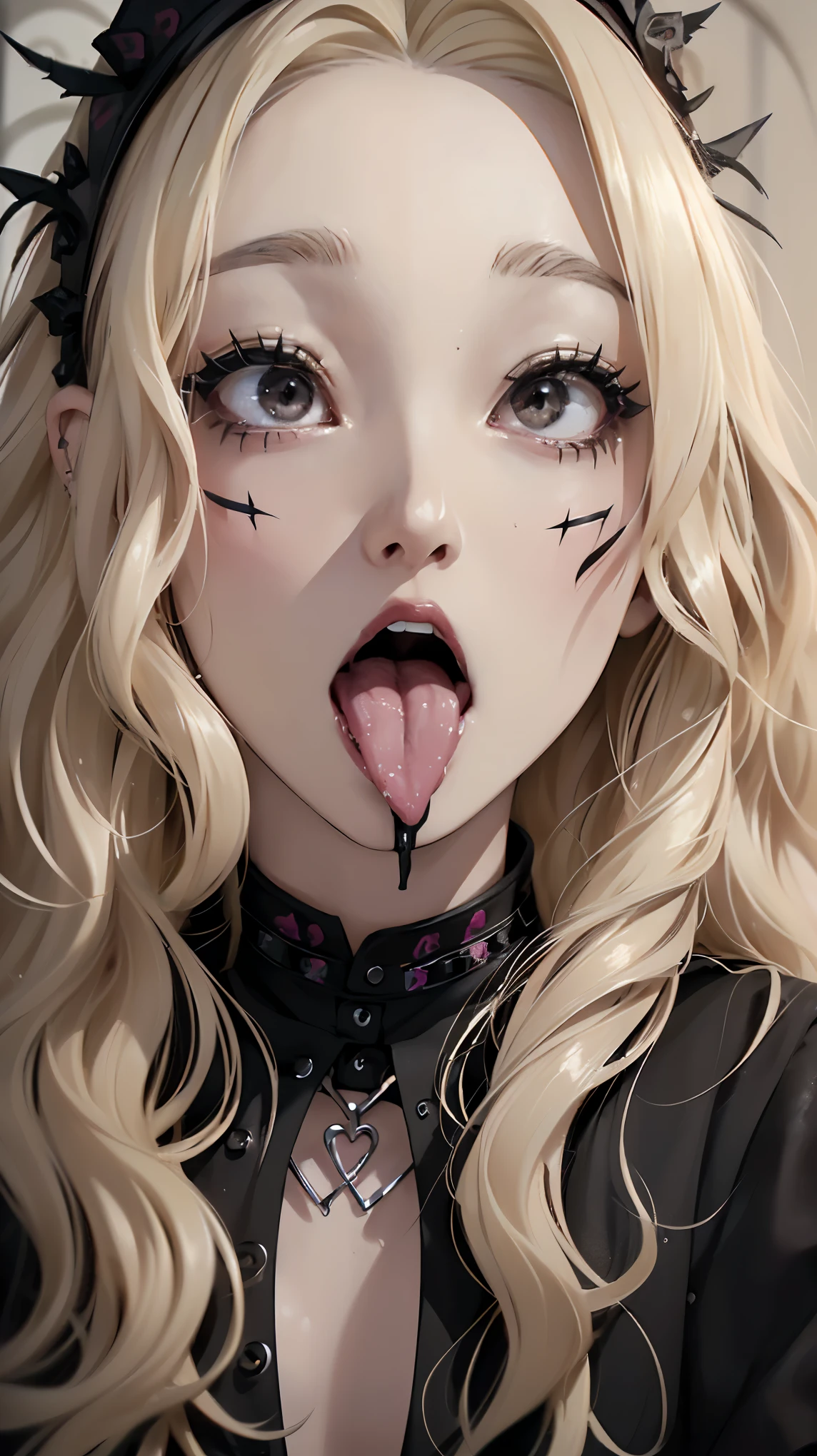 masterpiece, Highest quality, (Face close-up, Sticking out a long tongue, Ahegao:1.5), beautiful girl, happiness, smile, Beautiful and detailed, Narrow eyes, Dark Eyes, amount, Thin eyebrows, Eyelash extensions, (blonde, Wavy bristles, Long Hair:1.3), Gal Makeup, (Goth punk rock outfit:1.3), (Small band house:1.3)