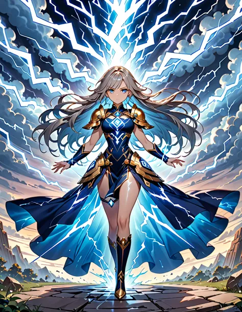 (((masterpiece, best quality, high detailed, 16k))) (1goddess) a formidable  thunder goddess with a commanding presence, her eye...