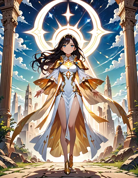 full body shot of a fearless paladin with unparalleled beauty, featuring long, dark hair and striking blue eyes. she wears intri...