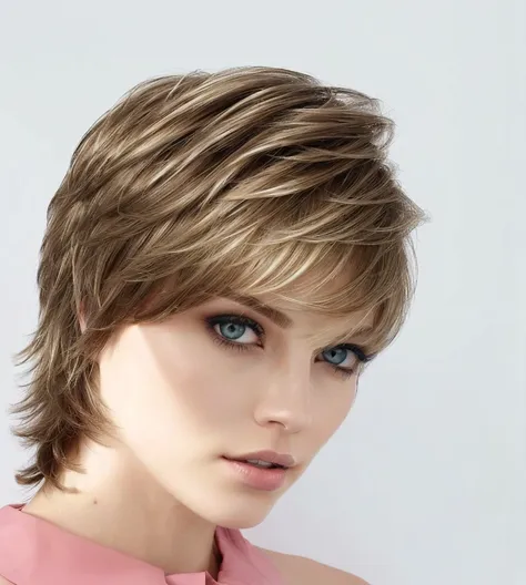 blond woman with short hair and blue eyes posing for a picture, shag haircut, shag hair, shag cut, flipped out hair, shaggy hair...