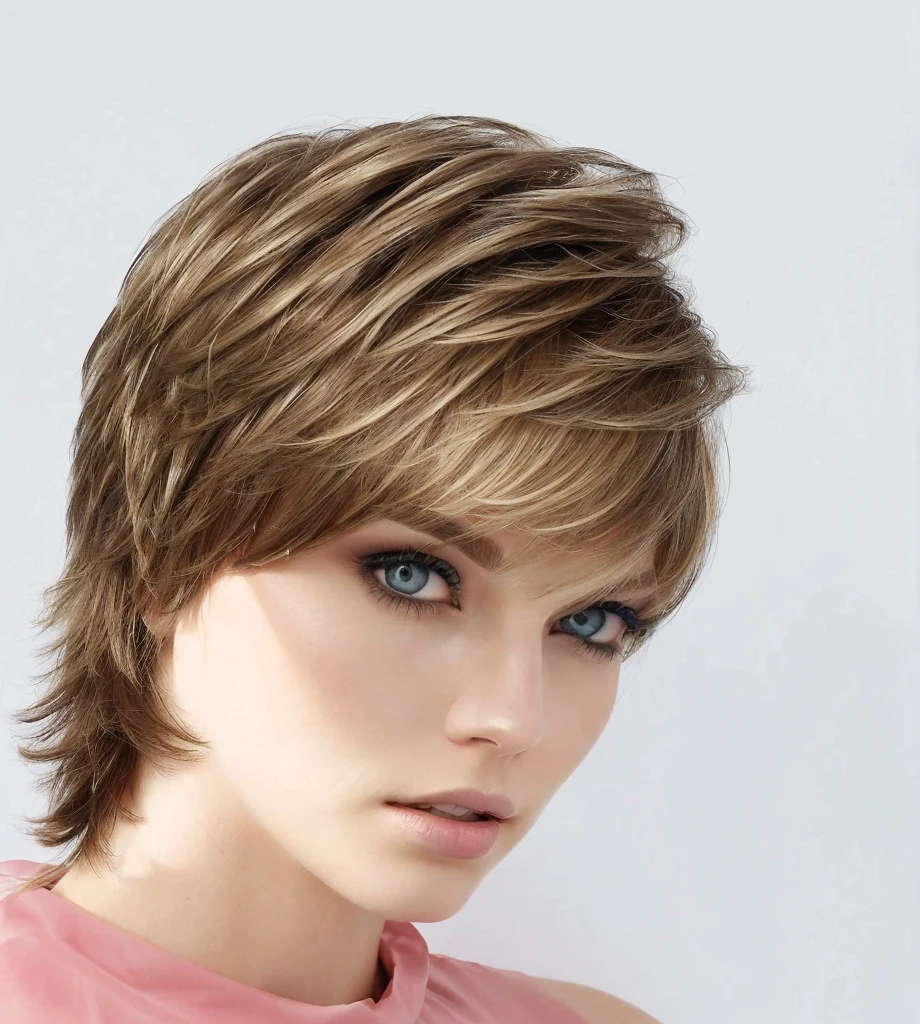 blond woman with short hair and blue eyes posing for a picture, shag haircut, shag hair, shag cut, flipped out hair, shaggy haircut, short - medium length hair, medium short hair, short light brown hair, dramatic highlights, profile shot, feathered hair, shaggy hair, sharp highlights, brown short hair, redahair and attractive features