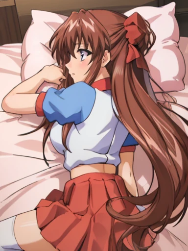 (Anime artwork, Anime Style, Studio Anime, Very detailed, Latest, Vibrant, Anime Coloring Book, High Contrast, masterpiece:1.2, Highest quality, Best aesthetics), (Beautiful and detailed:1.2), Aoi Tennis, 1 person, Hair Ribbon, Tennis uniform, Polo shirt, Raglan sleeves, Pleated skirt, Red Skirt, blush, Lips parted, liar, On the bed,Lie, ((A man rubs her chest from behind)),Pink Good, From above, Skirt Lift, No pants,White knee socks,Asymmetrical bangs, Perfect Proportions, Skin with attention to detail, cute, Detailed face,

