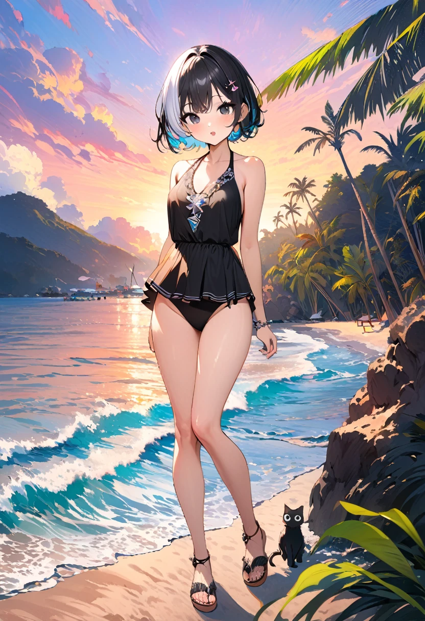 masterpiece, best quality, Extremely detailed, illustration,, Hanekawa short-haired cat, 1 Girl, whole body, , black eyes, Colorful hair, Black Hair, White hair,, swimsuit,, Detailed background, Marketing style, beach, Sunset,