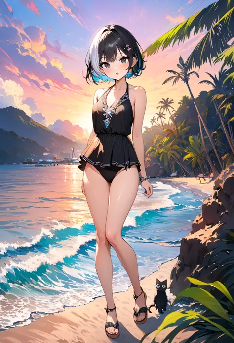 masterpiece, best quality, extremely detailed, illustration,, hanekawa short-haired cat, 1 girl, whole body, , black eyes, color...