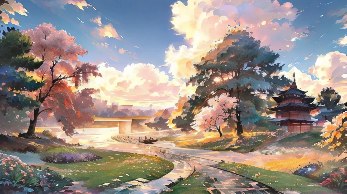 landscape，Japanese style，A tram slowly enters the picture，There are beautiful cherry blossoms on both sides\(Cherry blossoms gradually fall)，There are two figures in the distance\(a boy，A girl)，Wind blowing through the grass，绝美landscape，Japanese style，Detail control，Professional perspective，masterpiece，（Very detailed wallpaper），（best quality）