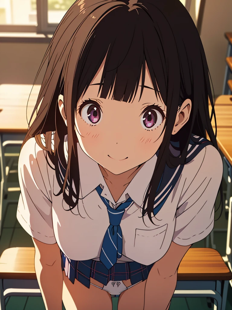 Chitanda Eru,(raw photo,best quality, insanely detailed, masterpiece, perfect face, insanely detailed perfect fingers, beautiful and aesthetic:1.2, highest detailed face),(((Scale to fit the dimensions, character focus,looking at viewer))), BREAK (((1 girl is pulling down her white panties))),{ 18_y.o. Caucasian school girl, adorable, cute, enjoying, mischievous smile:1.3,gal,gyaru:1.2},((( pantypull))),( school uniform),( plaid mini skirt:1.3),BREAK super detailed beautiful white skin, huge Perky breasts:0.9, toned slender body, small hips,thin legs, double eyelid,BREAK cinematic dim lighting, depth of field, beautiful scene of classroom, desk, chair, blackboard behind,( official art, extreme detailed, highest detailed)