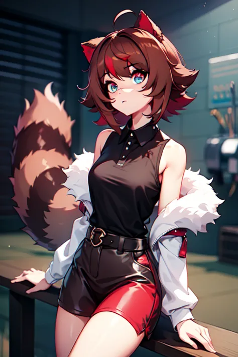 masterpiece, intricate, anime style, full body, 1girl, rakkun, tanuki ears, red inner ears, red inner ear hair, 1tail, fluffy ta...