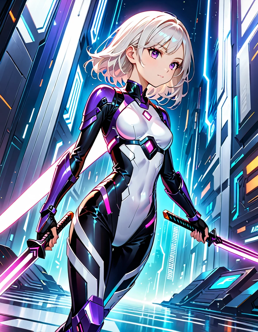 ((Best Quality)), ((Masterpiece)), ((Realistic)) slender, cute girl with medium-length white hair and vibrant purple eyes. She wears a tight-fitting, sleek suit with high-tech boots and chestplates. The outfit includes matching vambraces, all in a futuristic, high-tech design. She wields a high-tech sword, adorned with glowing lights along the blade and hilt. The girl's expression is calm and focused, complementing her stylish, advanced gear.
