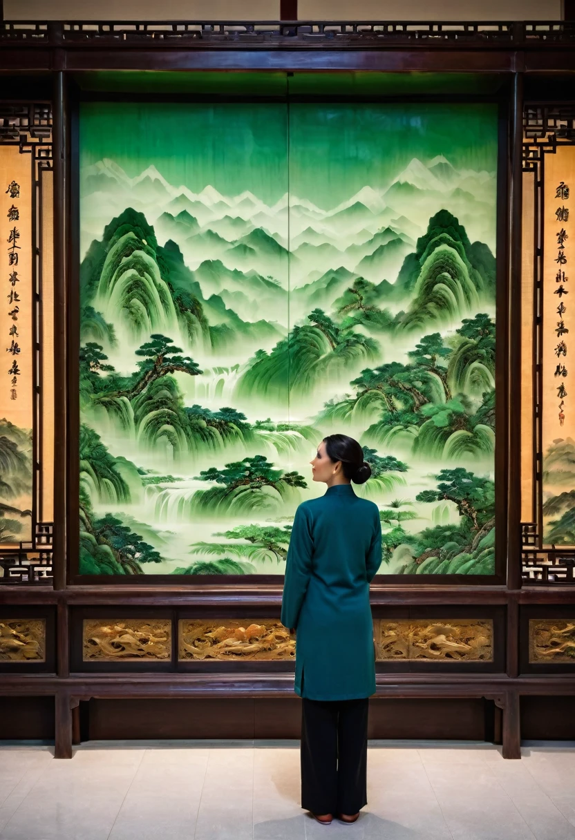 A woman stands in front of a huge jade screen，The jade screen is engraved with landscape paintings, Showing the intricate details of the mountains, river, and natural. This lady, It&#39;s a beautiful girl_warrior_sailor_moon, Practical， Jade Leggings, Solitary，Jade hair，ruby，Anatomically correct，Jade Set，Smile，beautiful. The woman&#39;s figure contrasts sharply with the exquisite jade artwork，Eye-catching composition，Highlights the beauty of natural and artistic elements in photos