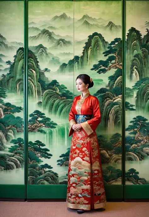 a woman stands in front of a huge jade screen，the jade screen is engraved with landscape paintings, showing the intricate detail...