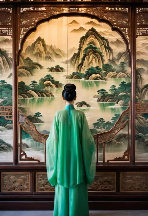 a woman stands in front of a huge jade screen，the jade screen is engraved with landscape paintings, showing the intricate detail...