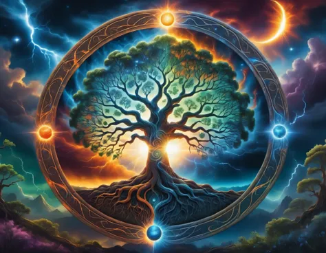 a painting of a tree with the sun and the moon in the background, cosmic tree of life, cosmic tree, the world tree, tree of life...